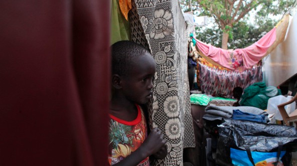 A displaced child is seen at Tomping camp, where some 17,000 displaced people are being sheltered by the UN, in Juba